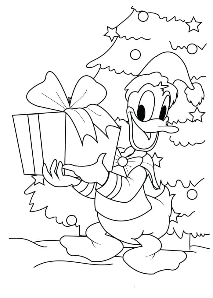 Coloriage Donald Duck et Cadeau de Noël