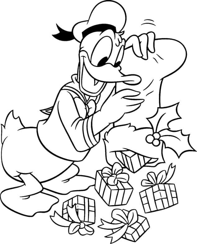 Coloriage Donald Duck et Cadeaux de Noël