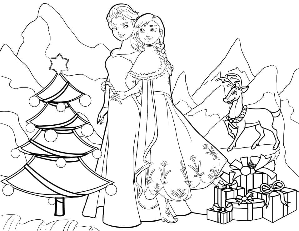 Coloriage Elsa et Anna à Noël
