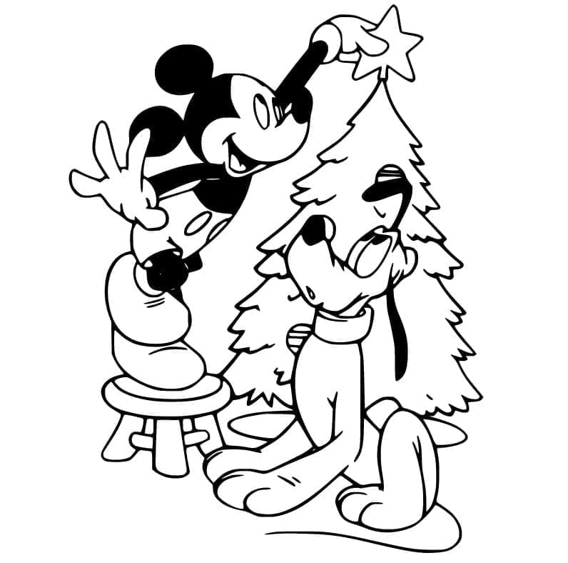 Coloriage Mickey et Pluto à Noël