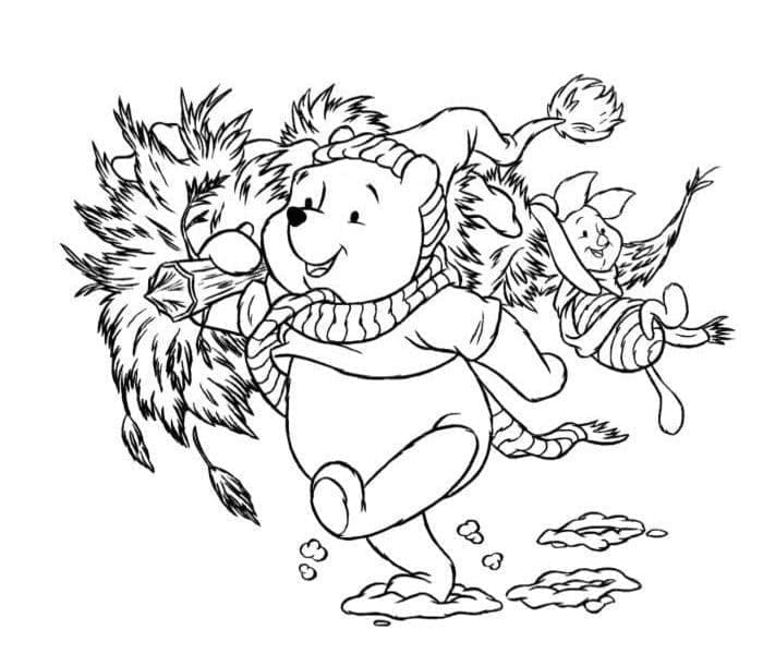 Coloriage Winnie l'ourson et Porcinet à Noël