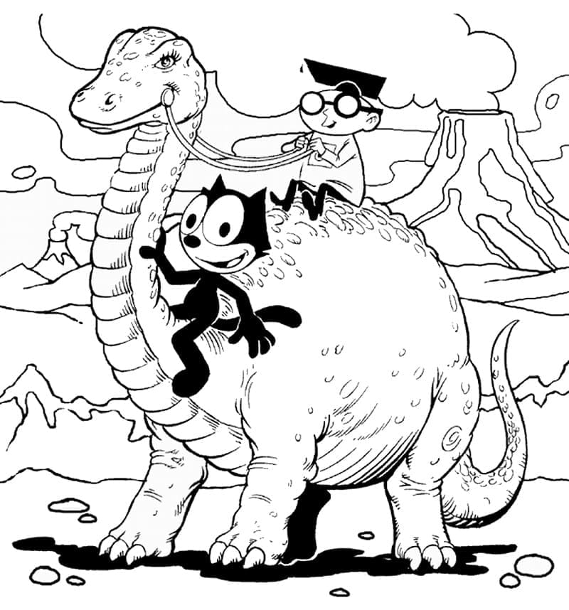 Coloriage Félix le Chat et le Dinosaure