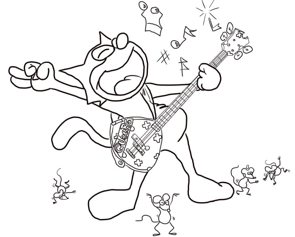 Coloriage Félix le Chat Joue de la Guitare