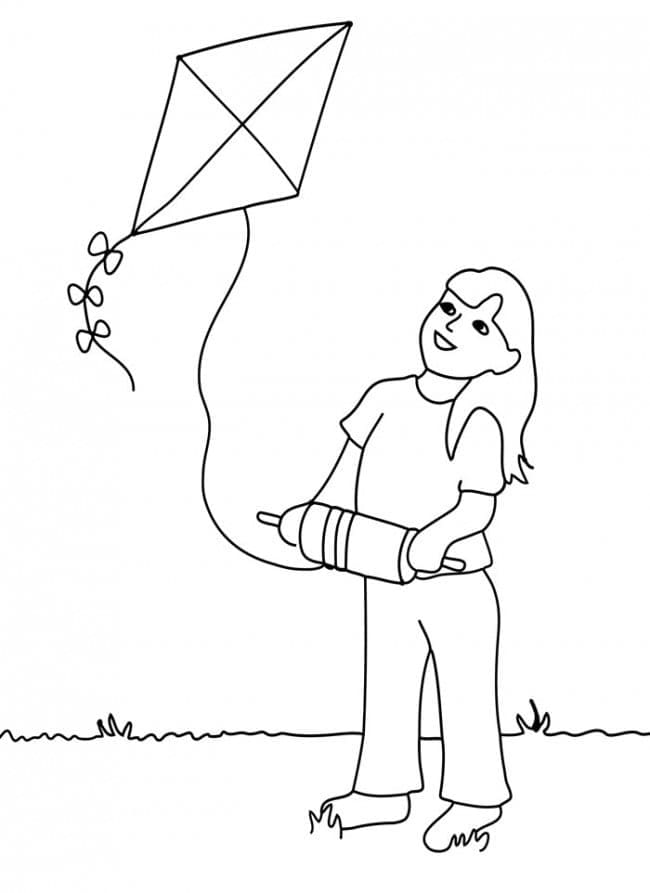 Fille Fait Voler un Cerf-volant coloring page