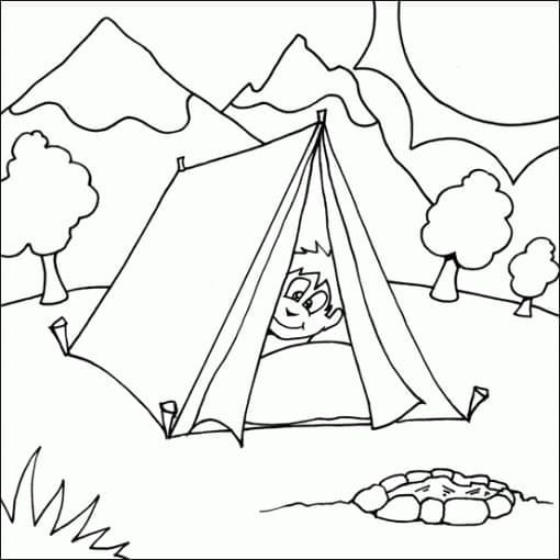 Coloriage Garçon en Tente de Camping