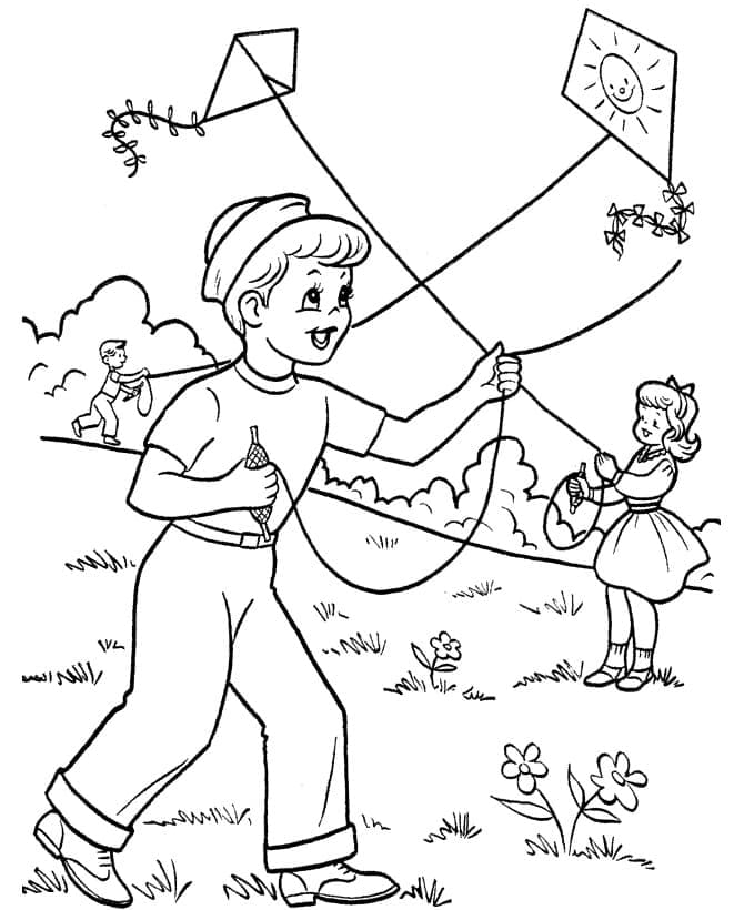Les Enfants Font Voler des Cerfs-volants coloring page