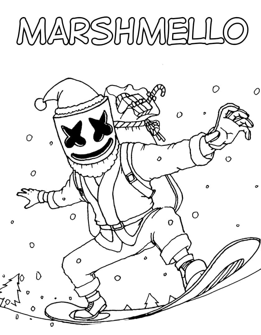 Coloriage Marshmello Fortnite Fait du Snowboard