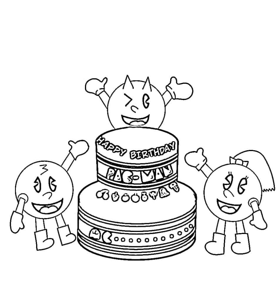 Coloriage Pac-man et Gâteau d'anniversaire