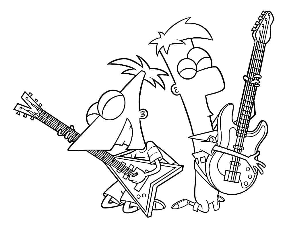 Coloriage Phinéas et Ferb Jouent de la Guitare