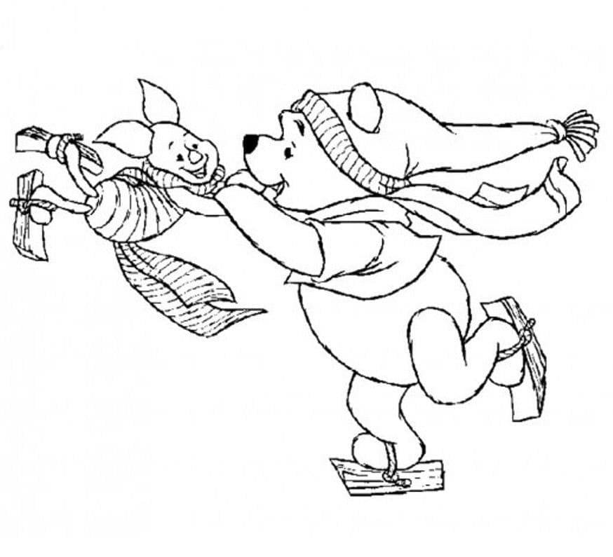 Coloriage Winnie l'ourson et Porcinet Patinage