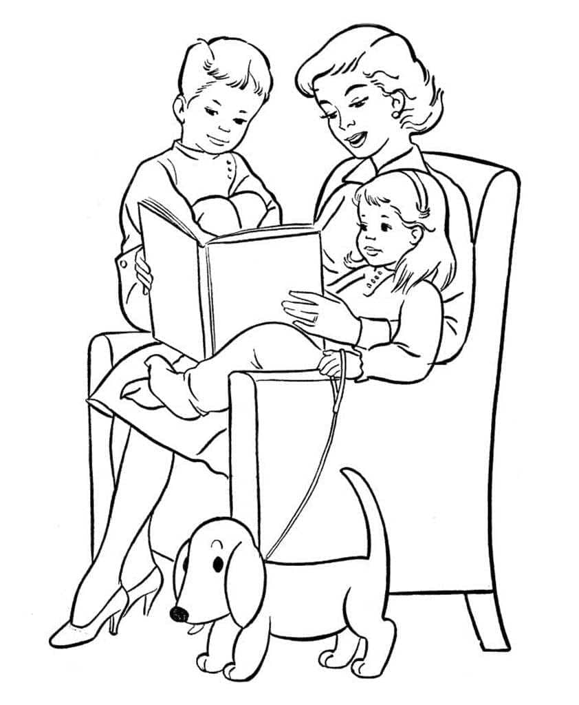 Coloriage Famille avec Maman et Enfants