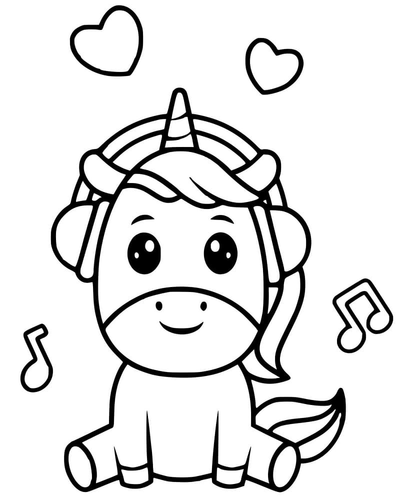 La Licorne Kawaii écoute de la Musique coloring page