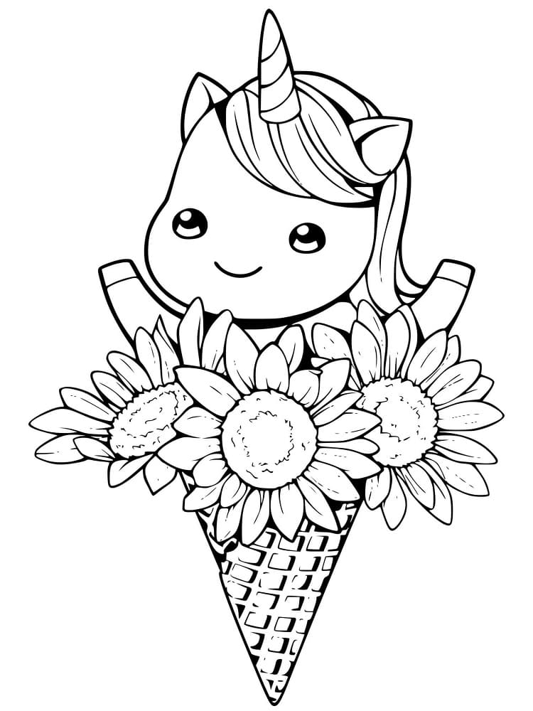 Licorne Kawaii avec des Fleurs coloring page