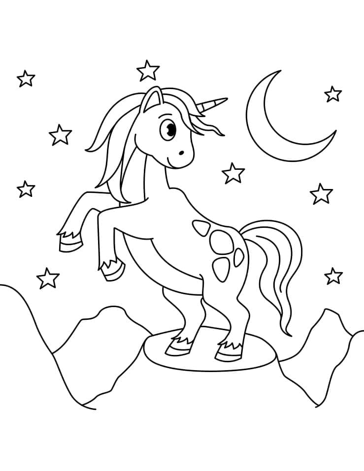 Licorne Kawaii avec Lune et étoiles coloring page