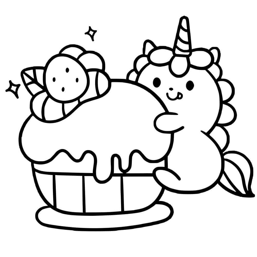 Licorne Kawaii et Gâteau coloring page
