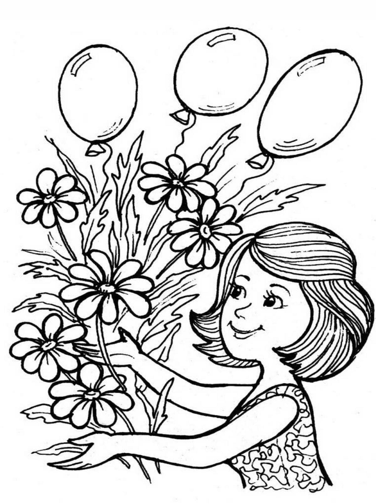 Coloriage Maman avec Fleurs et Ballons