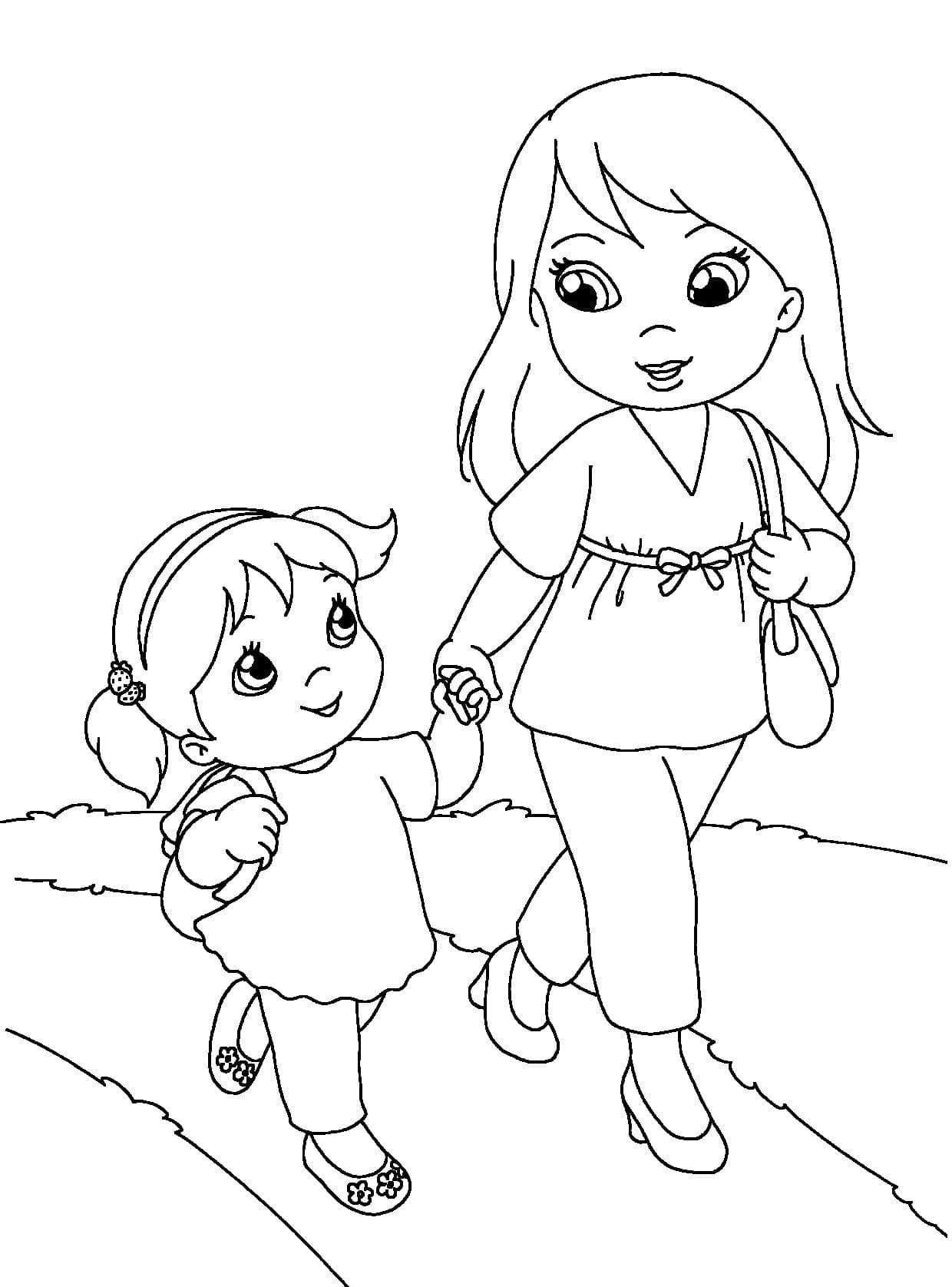Maman emmène sa fille à l’école coloring page