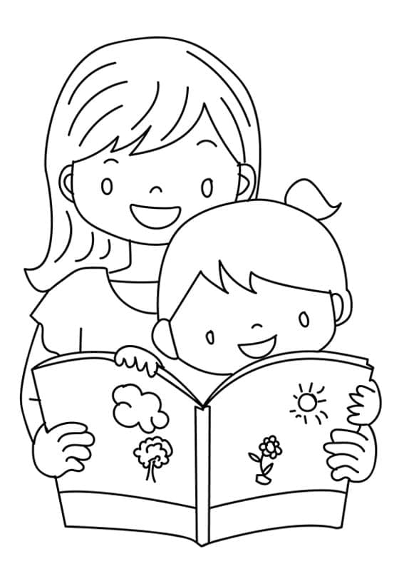 Coloriage Maman et sa Fille Lisent un Livre