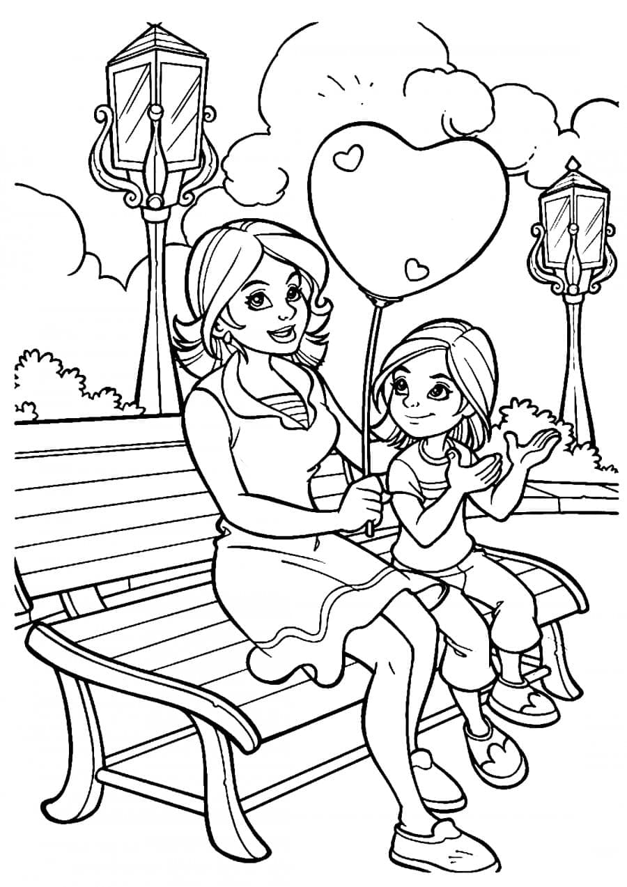 Maman et sa Fille Sont Dans le Parc coloring page