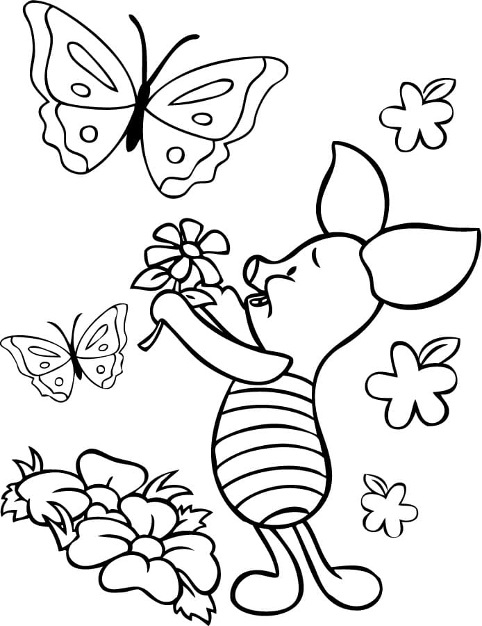 Coloriage Porcinet avec des Fleurs et des Papillons