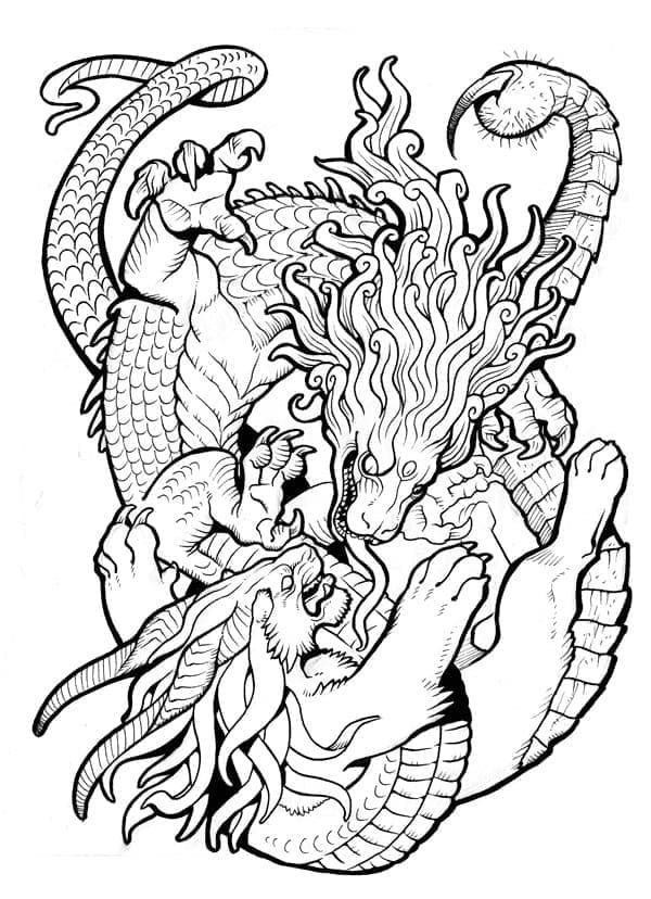 Coloriage Psychédélique avec Dragon et Lion