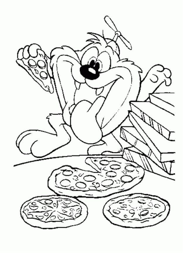 Coloriage Taz avec des pizzas