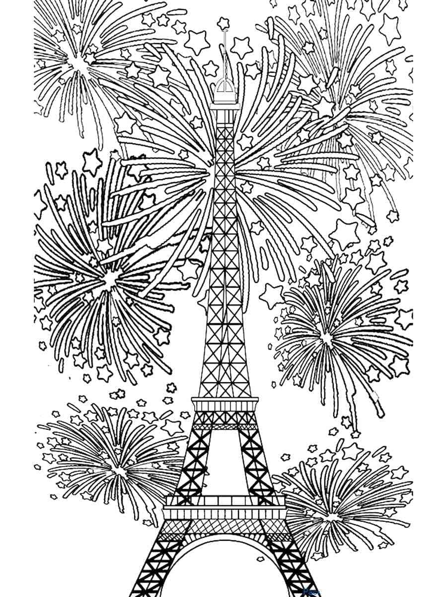 Coloriage Tour Eiffel et Feu d'artifice