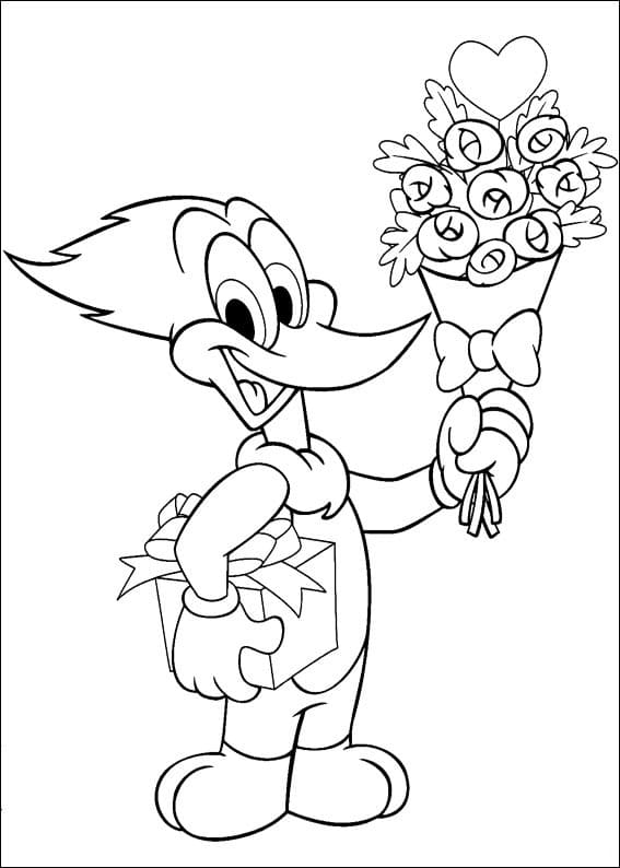 Woody Woodpecker avec des Fleurs et un Cadeau coloring page