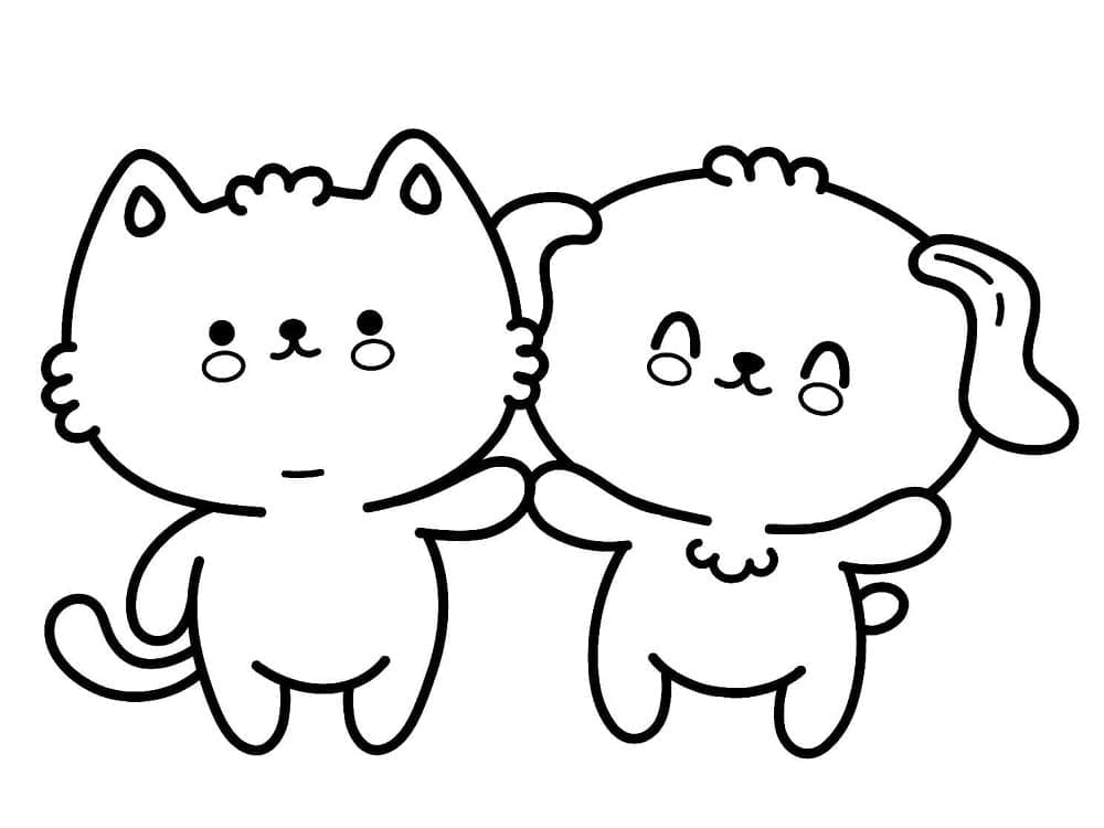 Chat et Chien Kawaii coloring page