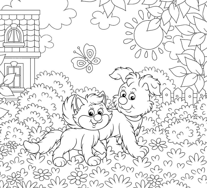 Chien et Chat Dans le Jardin coloring page