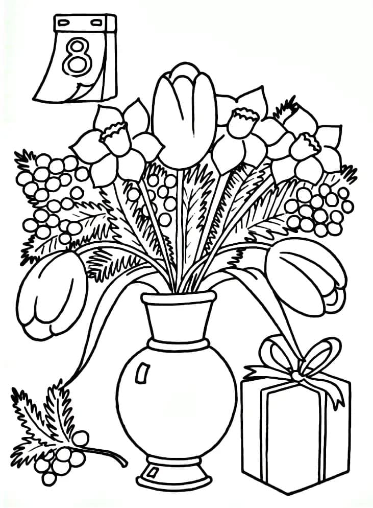 Fleurs et cadeau pour la journée de la femme coloring page