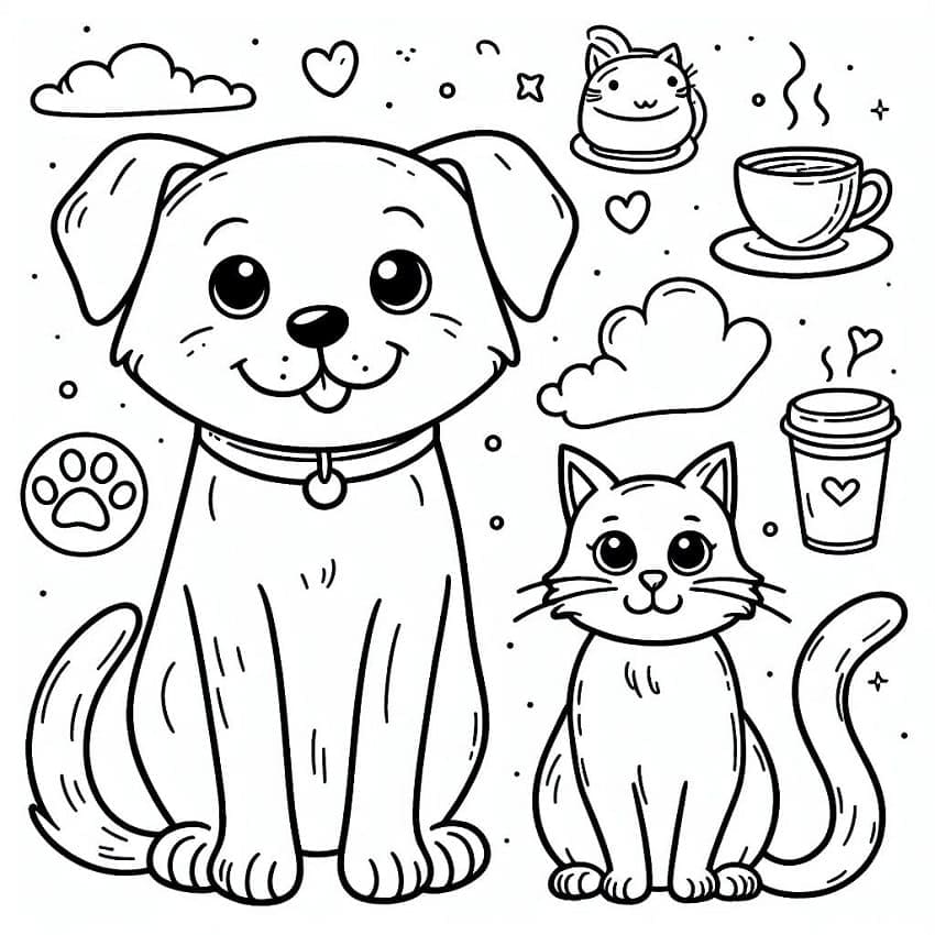 Le Chien et le Chat Sont Assis coloring page