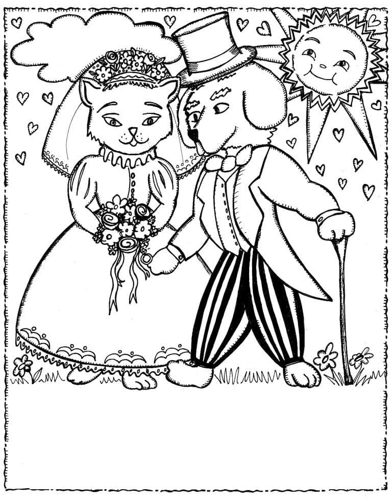 Mariage de Chien et de Chat coloring page