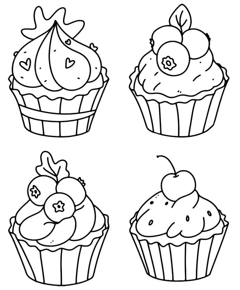 Coloriage Quatre Cupcakes