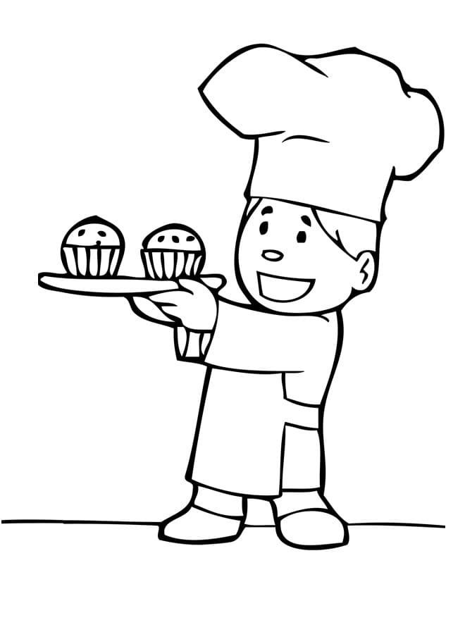 Coloriage Boulanger avec des Petits Gâteaux