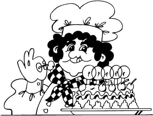 Coloriage Boulanger avec Gâteau d'Anniversaire