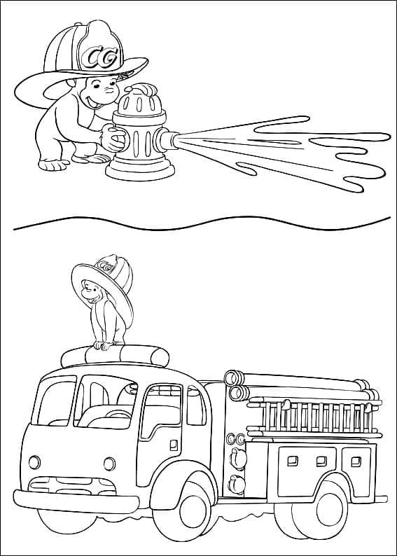 Georges et un Camion de Pompiers coloring page