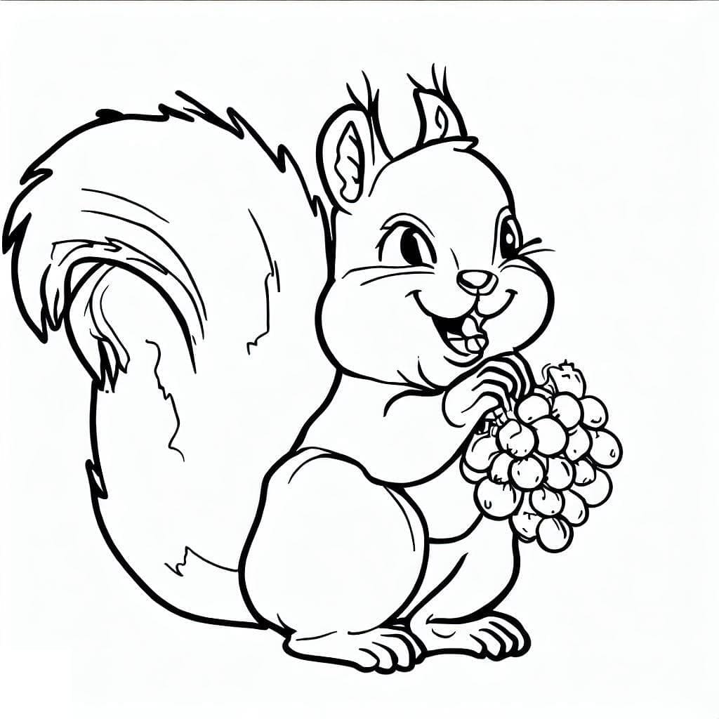 Coloriage L'écureuil Mange des Raisins