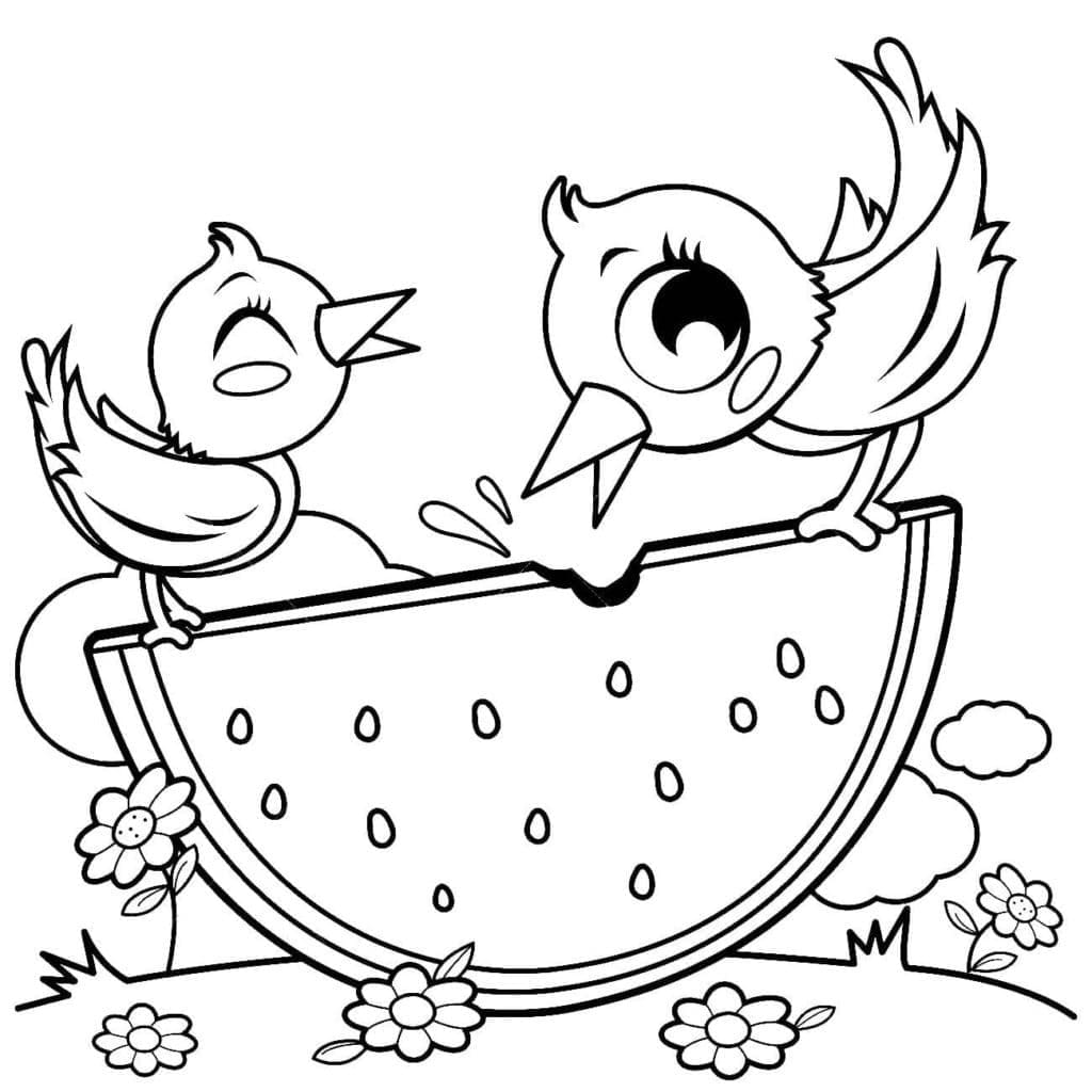 Oiseaux Mignons Mangent de la Pastèque coloring page