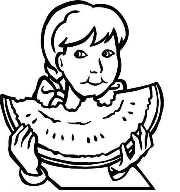 Petite Fille Mange de la Pastèque coloring page