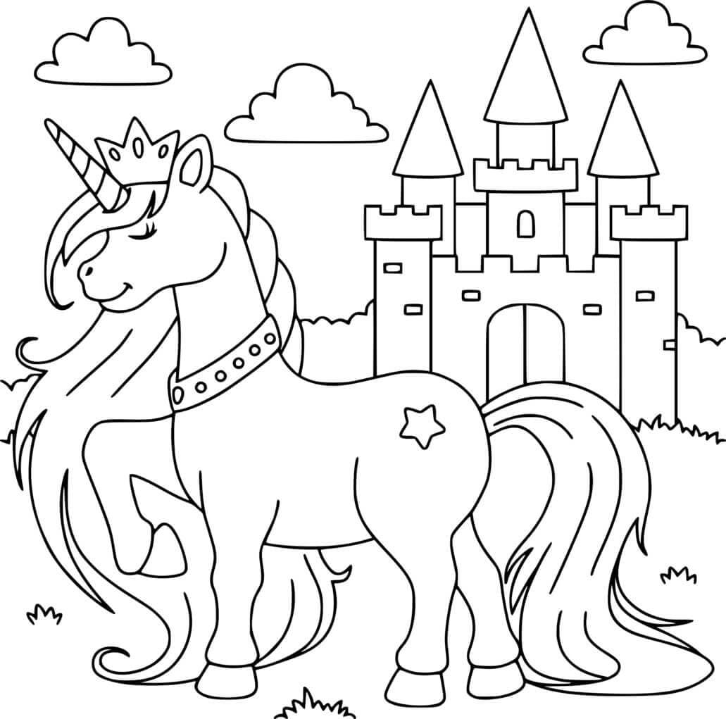Princesse Licorne et Château coloring page