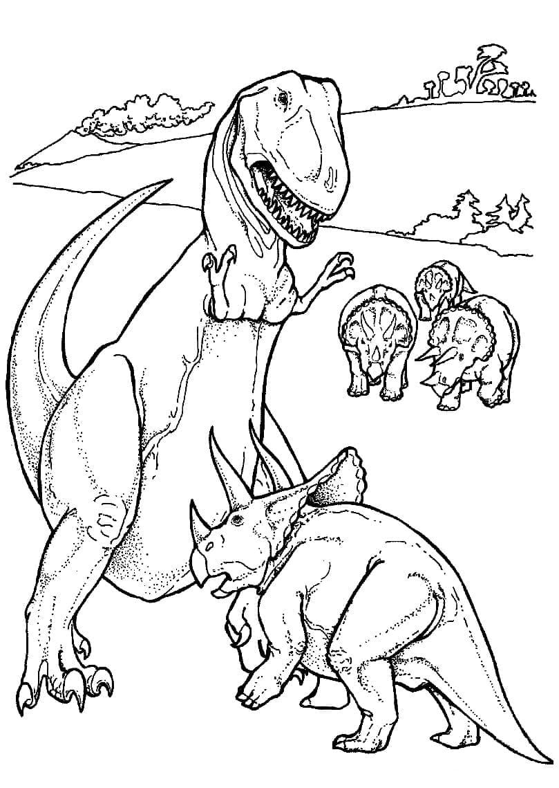 Coloriage Tricératops contre Tyrannosaure