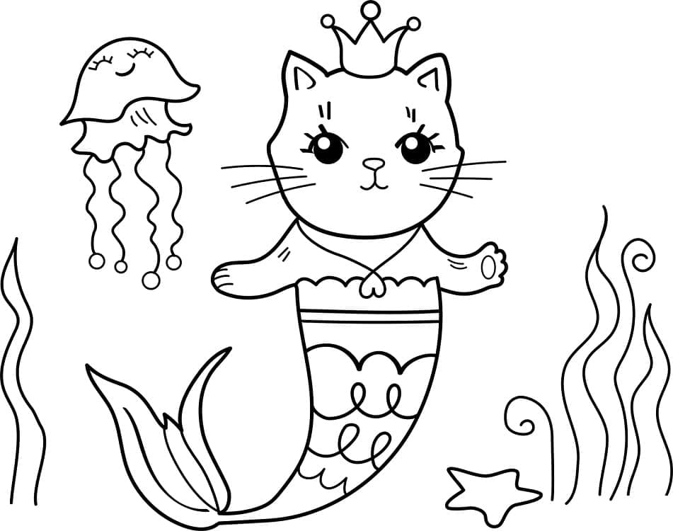 Adorable Chat Sirène coloring page