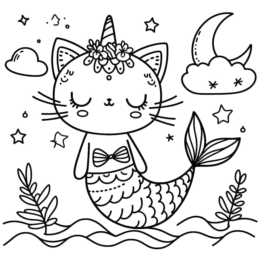 Chat Sirène Joyeux coloring page