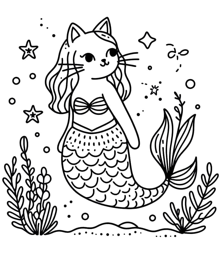 Chat Sirène Souriant coloring page