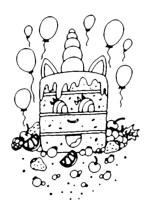 Gâteau Licorne avec des Ballons coloring page