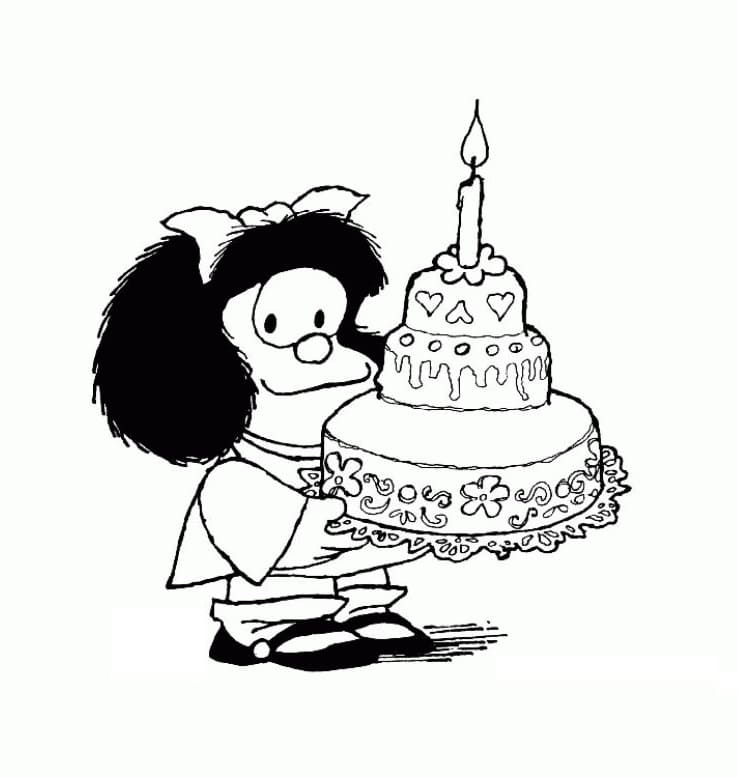 Coloriage Mafalda avec un gâteau d'anniversaire