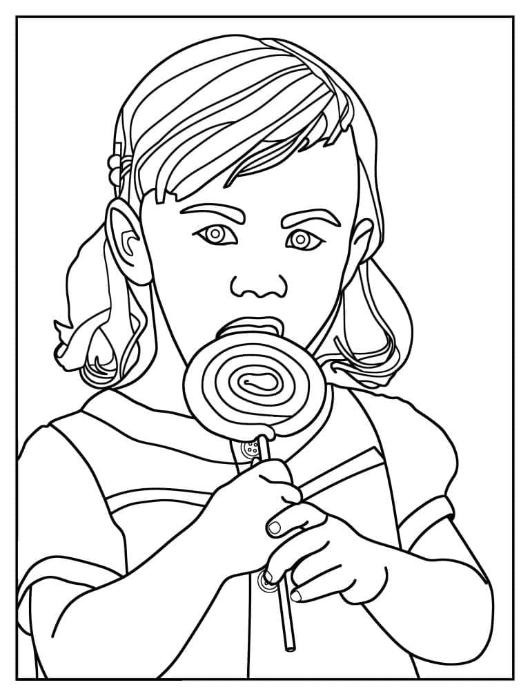 Petite Fille Mange une Sucette coloring page