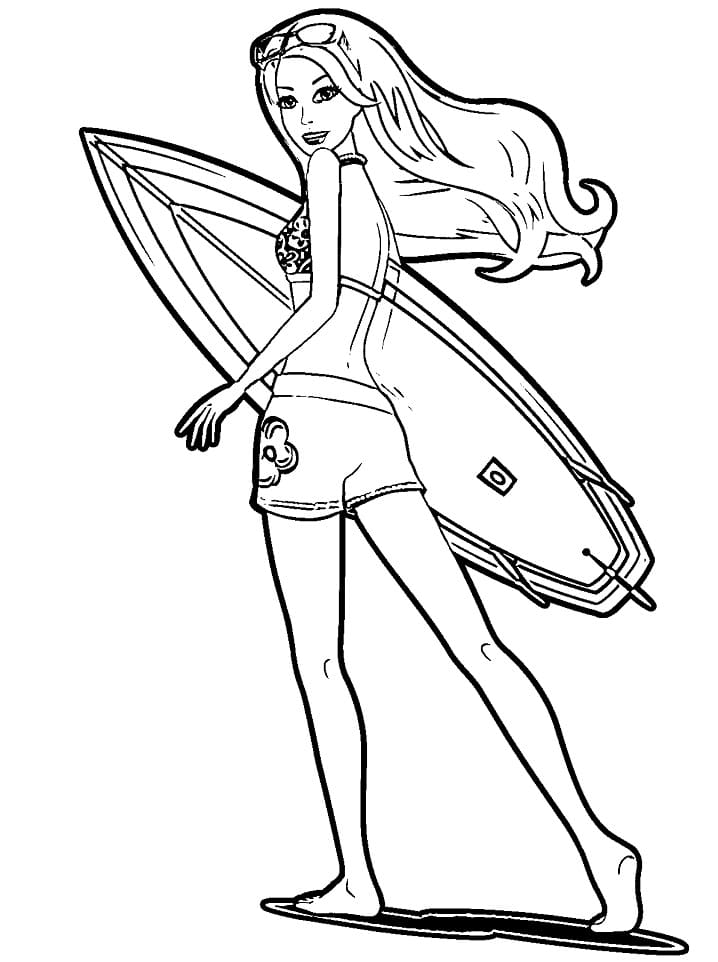 Coloriage Barbie et Planche de Surf