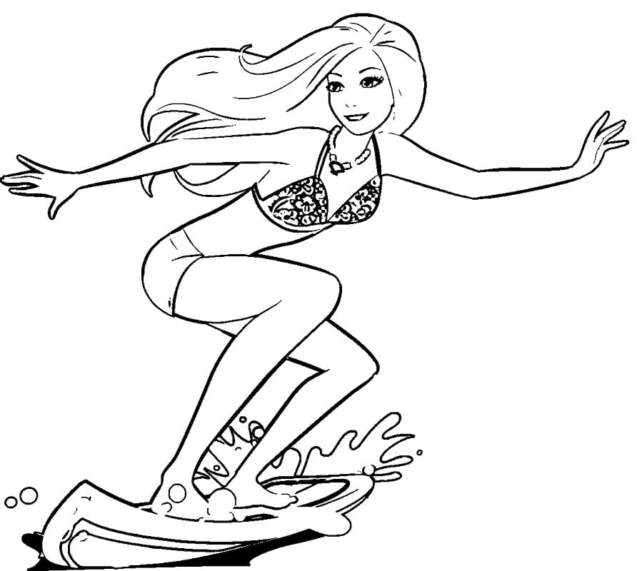 Coloriage Barbie qui Surfe